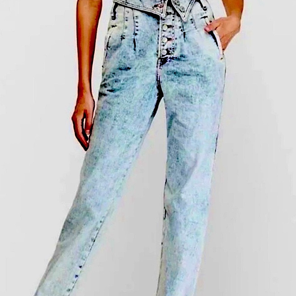 Jeans EXPRESS Retro SUPER HIGH WAIST TAPERED LEG Acid Wash Blue Vintage Size 10 - Picture 2 of 11